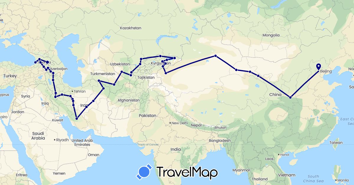 TravelMap itinerary: driving in Armenia, China, Georgia, Iran, Kyrgyzstan, Kazakhstan, Turkmenistan, Uzbekistan (Asia)